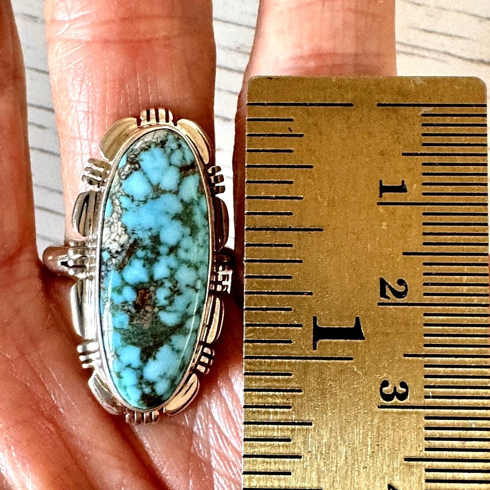 Navajo Sonoran Turquoise Ring Sz 10 Sterling Norvin Johnson Shine Fluted USA - Picture 2 of 7